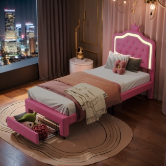 Bett 90x200 cm aus PU mit seitlicher Unterbrechung, LED-Beleuchtung und Schubladen, rosa
