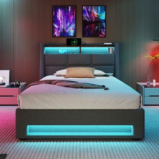 Polsterbett 90×200 cm mit Bettkasten, LED & USB, Vintage-Look, Grau