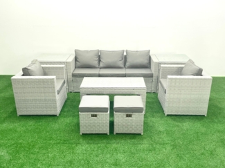 Fimous Polyrattan Gartenmöbel Set 7-Sitzer Outdoor Garten Sofa Rechteckiger Couchtisch Set mit 2 Sesseln 2 Hockern 2 Beistelltischen Hellgrau gemischt
