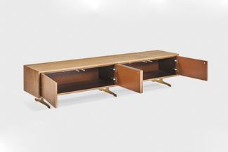 KAWOLA Lowboard GALA TV-Board 4 Türen Kunstleder goldfarben Fuß Edelstahl gebürstet 42 x 40 x 200 cm