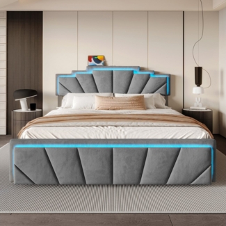Celya Polsterbett Doppelbett mit einzigartigem trapezförmigem Kopfteil (USB Type-C Anschluss, 2 geräumige Schubladen, Ohne Matratze, integrierter LED-Lichtleiste & 2-facher Höhenverstellung), Modernes Polsterbett 140x200CM Elegantes Design