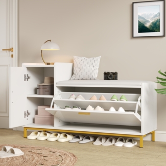 Merax Schuhschrank Schuhregal mit 2 Fächern 1 Schrank, Hochglanz Schuhbänke Sitzbänke mit gepolsterter und Stauraum, metallfüße, Weiß + Gold