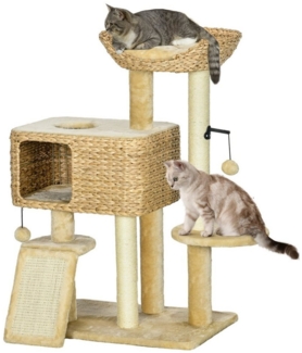 PawHut Kratzbaum Katzenbaum mit 2 Leigefläche Katzenmöbel Wasserhyazinthe, Sisal, Beige, Wasserhyazinthe, Sisal, Beige, 60 x 40 x 98 cm