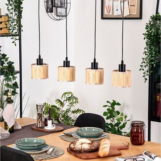 hofstein Hängeleuchte Hängelampe aus Metall/Holz/Seegras in Schwarz/Natur/Braun, ohne Leuchtmittel, Pendelleuchte im Boho/Retro/Vintage-Design mit Holzstab, 4 x E27