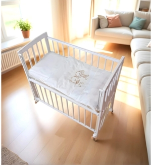 Beistellbett Weiß 40x90 inkl. Matratze & Bettwäsche Set – weiß-Beige