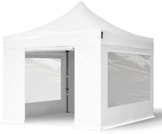 3x3 m Faltpavillon, PREMIUM Stahl 40mm, feuersicher, Seitenteile mit Panoramafenstern, weiß