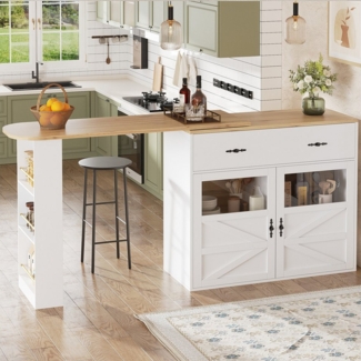 Flieks Bartisch 360° drehbar Stehtisch mit Kommode (Länge 138-204 cm, 1-St, mit verstellbare Einlegeböden), ausziehbar Esstisch mit Glastüren und Schubladen Sideboard Bistrotisch