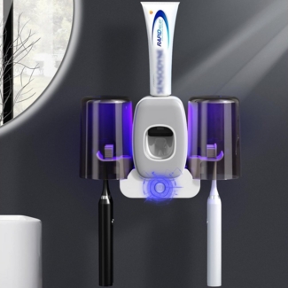 ZEUOPQ Zahnbürstenhalter Zahnbürstenhalter UV Desinfektions Zahnbürsten Halter mit 4 Schlitze, (Automatischer Zahnpastaspender, mit 2 herausnehmbarer Becher, 20*6.6*13cm, für eine vierköpfige Familie), mit starkem Aufkleber, ohne Bohren