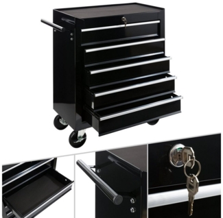 Arebos Werkstattwagen Werkstattwagen 5 Fächer, zentral abschließbar, schwarz, (Set, Werstattwagen 5 Schubladen schwarz)