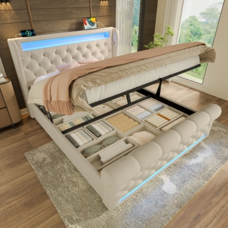 Merax Polsterbett Doppelbett 160x200cm, mit LED-Leuchten, Stauraum-Kopfteil mit USB- und Typ-C-Anschlüssen, Hydraulisches Stauraumbett, Samt, Beige