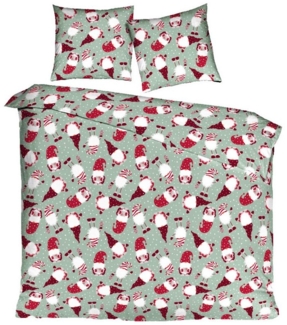 mistral home Bettwäsche 135x200cm Wichtel Schnee Grün Rot, Flanell, 2 teilig, mit süßem Wichtel Design und Sternflocken