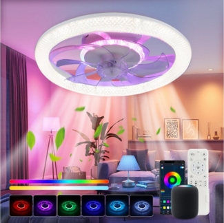 WILGOON Deckenleuchte Deckenventilator mit Beleuchtung, Music RGB Dimmbar mit Fernbedienung, Luftzirkulationsfunktion, LED fest integriert, Warmweiß, Neutralweiß, Kaltweiß, RGB Farbwechsel, Schlafzimmer Leise Ventilator mit Bluetooth für Wohnzimmer Küc...
