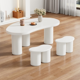 Merax Couchtisch-Set, Couchtisch mit 2 kleinen Bänken, Tischplatte aus MDF, Stuhlbeine aus PVC, unregelmäßiger Couchtisch, Weiß