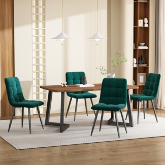 Merax Essgruppe (5-tlg),Esstisch mit 4 Stühlen Set, Moderner Küchentisch Set , Holzmaserung Küchentisch mit Schwarz Metallbeinen, MDF Tischplatte in Walnussfarbe,Dunkelgrün Samt Esszimmerstühle