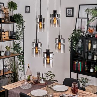 hofstein Hängeleuchte Hängelampe aus Metall/Glas in Schwarz/Chrom-/Rauchfarben/Klar, ohne Leuchtmittel, verstellbare Pendelleuchte im Vintage/Retro-Design (15 cm), 5 x E27