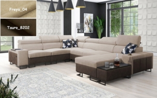 Möbel für Dich Wohnlandschaft XXL Melody VIII in U Form, mit Ablagen, Becherhalter, USB-Ladebüchse, Beistelltisch, 3 Bettkästen