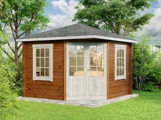 Alpholz 5-Eck Gartenhaus Modell Monica Gartenhaus aus Holz in Pinie Holzhaus mit 28 mm Wandstärke Blockbohlenhaus mit Montagematerial Holzhaus mit Boden Dacheindeckung und Montage
