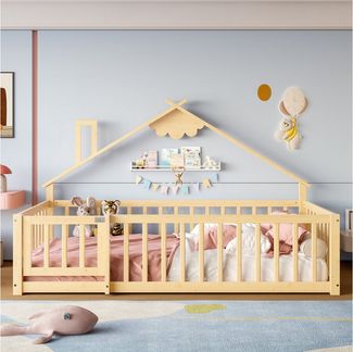 Flieks Kinderbett, Bodenbett Holzbett Hausbett 90x190cm mit Geländer