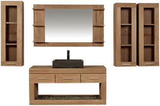 Badmöbel Set Boras Teak Massivholz - Breite vom Unterschrank: 120 cm - Breite vom Spiegel: ohne Spiegel - Anzahl der Hängeschränke: 3 Schränke - Handtuchhalter: ohne Handtuchhalter