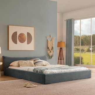 Polsterbett 140x200 cm Corduroy Stoffbett mit Eukalyptusholz & Metallrahmen, hohe Stabilität, modern & platzsparend