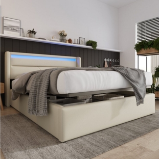 STILVORA Polsterbett Jugendbett 160x200 mit LED,Stauraumbett Doppelbett mit Lattenrost, Funktionsbett, Weiß (Mit Fernbedienung)