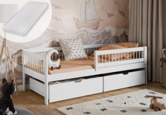 Kids Collective Kinderbett mit Schubladen 90x200cm Gitterbett Kinder Jugendbett, mit Rausfallschutz, Lattenrost und Matratze, 90x200 cm, Weiß