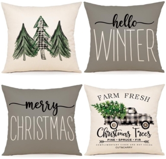 Coonoor Kissenbezug 4er Set Weihnachtskissenbezüge, Weihnachtsbaum und Schneeflocken Kissenbezüge