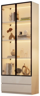 BlingBin Vitrine Glasvitrine Hochschrank mit LED-Leuchten, Aufbewahrungsregale (80 x 34 x 200 cm Standvitrine, 1-St, Wohnzimmer-Beistellschrank mit 2 Türen) Vitrinenschränke mit 2 Schubladen, Bücherregal, Aluminiumrahmen