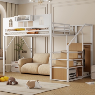 Metall-Hochbett, Mit Stauraumleiter Fenster Holzplatten und Netzgewebe Erhöhte Umzäunung Ablagefläche Stabiler Rahmen, Metall/Holz, Weiß, 140 x 200 cm