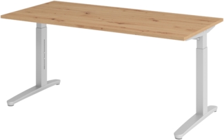 bümö manuell höhenverstellbarer Schreibtisch 160x80 in Asteiche, Gestell in silber - PC Tisch höhenverstellbar & groß, höhenverstellbarer Tisch Büro, großer Computertisch verstellbar, X16-R-SS