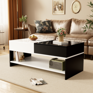 Merax Couchtisch mit 2 Schubladen – Schwarz-Weiß-Design, Stauraum, Hochglanz-Tischplatte