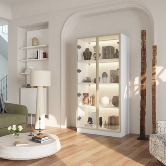 FUFU&GAGA Glasvitrine Vitrine mit Glastüren und LED-Beleuchtung, MDF+Glas, 80×40×160 cm