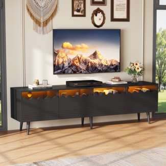 LED-TV-Schrank 176x38x45 cm mit Glasfront, großem Stauraum, 2 Schubladen & 2 Schränken, App-gesteuerter Lichtstreifen,Schwarz