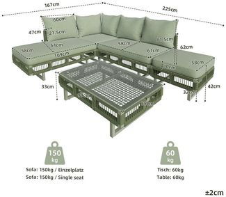 Celya Gartenlounge-Set Outdoor-Sitzgruppe aus Seilgeflecht, modulare Gartenmöbel-Set, (Set, wetterfest für Terrasse, Balkon, Poolbereich, Grün), mit verstellbaren Füßen, 10cm dicken Kissen und Glas-Couchtisch