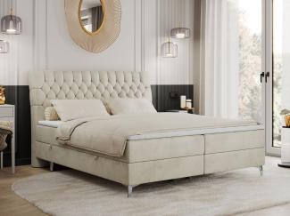 Boxspringbett mit 2 Bettkästen Matratze und Topper - MILEN - 200x200cm - Beige Velours - H3