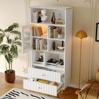 TavilaEcon Hochschrank 2 geräuschlose Schubladen, ferngesteuerte Farbwechsel-Lichtleiste mehrschichtige Aufbewahrung & transparente Schranktüren, weiß+golden