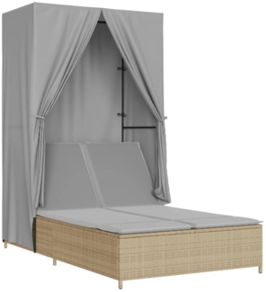 vidaXL Doppel-Sonnenliege mit Dach und Vorhängen Beige Poly Rattan 368102