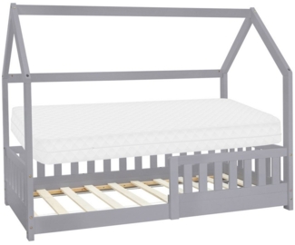 ML-DESIGN Spielbett Hausbett Kinderbett inkl. Lattenrost kreativ Bodenbett für Kinder, Abenteuerbett mit Rausfallschutz Kiefer Hellgrau Himmelbett Bettenhaus