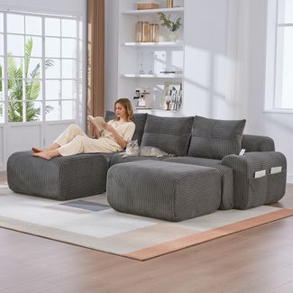 Modulares Cordsofa für 3 Personen (mit 2 Hockern),frei kombinierbar inklusive Getränkehalter und seitlicher Aufbewahrungstasche ideal für Wohnzimmer Familienzimmer und weitere Räume,Cordstoff,Dunkelgrau,