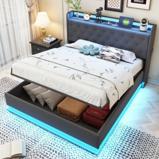 STILVORA Polsterbett Stauraumbett 140×200 Jugendbett Doppelbett mit USB Anschluss und LED (Hautfreundlicher Leinenstoff 160x200 cm), mit Matratze