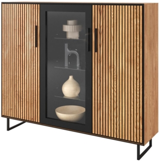 Massivart® Highboard BELLA 146 cm / Massivholz Eiche geölt / Metallgriffe, 2 Türen / 1 Glastür / 3 Glas- und 6 Einlegeböden / Soft-Close