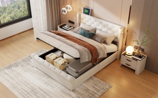Bett 160x200 cm in beigem Samt mit Gasdruckmechanismus und LED-Beleuchtung