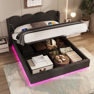 LVHOM Boxbett 160x200cm, Polsterbett/Stauraumbett/Doppelbett, 12-farbiger LED-Beleuchtung, USB- & USB-C-Ladeanschlüssen, Integriertes Hydrauliksystem, Robuster Metallstruktur, Luxuriöser Samtstoff Bettgestell