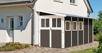 Anlehnhaus Wandlitz 5 - 181x442 cm, 19 mm Holz terragrau, Karibu