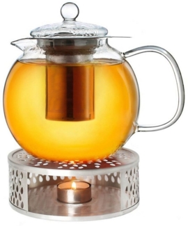 Creano Teekanne Creano Teekanne aus Glas 1,7l + ein Stövchen aus Edelstahl, 3-teilige, (Set, 4-St)