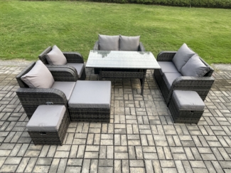 Fimous Outdoor Gartenmöbel-Set 8 Teil Grau Terrassenmöbel Set 9 Sitzer Lounge Sofa Set mit Rechteckiger Tisch Liegestuhln 3 Hockern