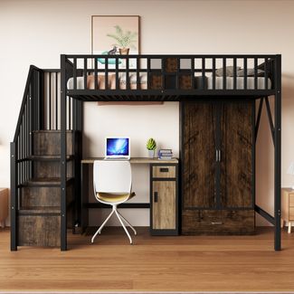 Hochbett 90x200 cm mit integriertem Kleiderschrank, großer Schublade und Sicherheitsleiter, Metalll‑Holz‑Design in Schwarz