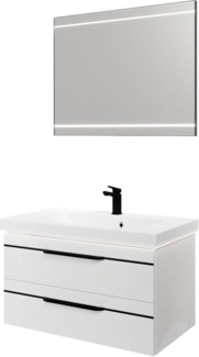 Saphir Badmöbel-Set Balto 2-teilig Mineralmarmor-Waschtisch mit LED-Spiegel, Waschplatz, (2-St), 92 cm breit, mit 2 Schubladen, Badschrank inkl. Schubladendämpfer