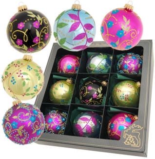 Krebs Glas Lauscha Weihnachtsbaumkugel 9er Set - Enchanted Forest - ca. 8cm - bunte Farben und Muster, charmante Dekoration für den Weihnachtsbaum - aus Glas gefertigt