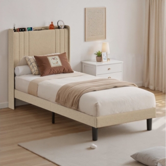 Bealife Polsterbett lsterbett Einzelbett,Bettgestell mit Kopfteil, Steckdosen, LED-Licht (2 Modelle (90x200, 120x200)